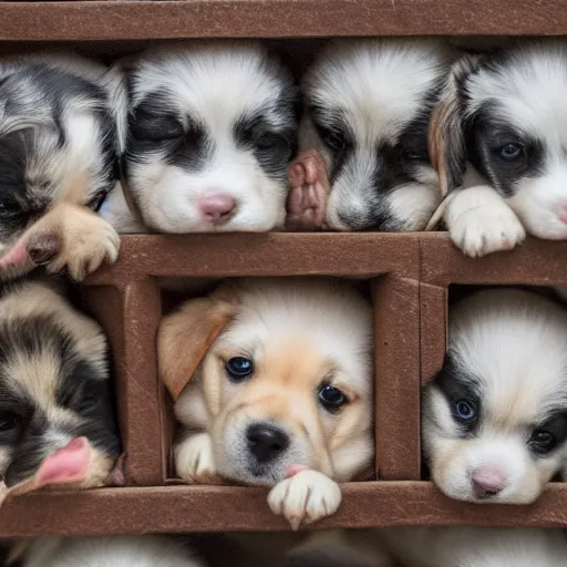 Image similar to photo of a sign beside a box of puppies saying Free Puppies, highly detailed, high quality, HD, 4k, 8k, Canon 300mm, professional photographer, 40mp, lifelike, top-rated, award winning, realistic, sharp, no blur, edited, corrected, trending