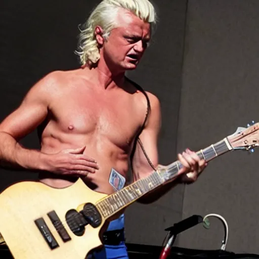 Prompt: shirtless geert wilders playing guitar on stage sweating looking angry
