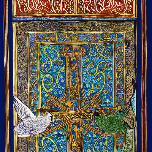 Image similar to book of kells, illustration of a duck, dye on calfskin