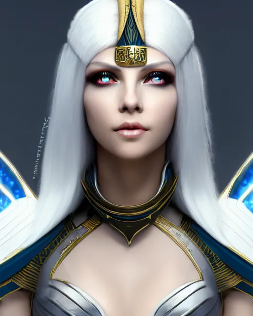 Image similar to perfect white haired egyptian goddess wearing white dove wings, warframe armor, regal, attractive, ornate, sultry, beautiful, charlize theron, half asian, pretty face, blue eyes, detailed, scifi platform, 4 k, ultra realistic, volumetric lighting, illuminated, cinematic, masterpiece, art by akihito tsukushi, voidstar
