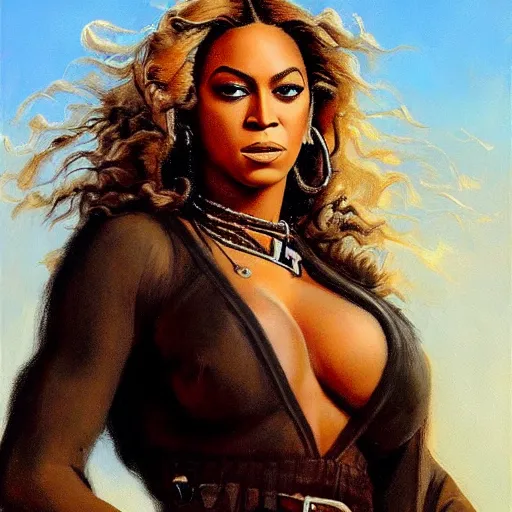 Image similar to ultra realistic portrait painting of beyonce as a western outlaw, art by frank frazetta, 4 k, ultra realistic, highly detailed, epic lighting.