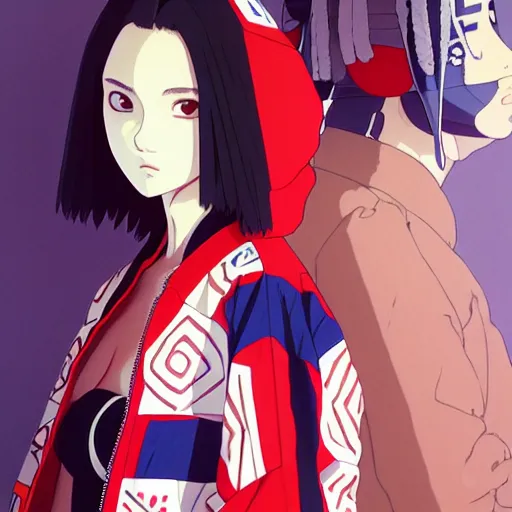 Image similar to a beautiful japanese natalie portman gravure model, wearing oversized native designer bomber jacket and leotard, bulky poofy bomber jacket with mesoamerican patterns, mesoamerican native street fashion, gapmoe yandere grimdark, trending on pixiv fanbox, painted by greg rutkowski makoto shinkai takashi takeuchi studio ghibli, akihiko yoshida