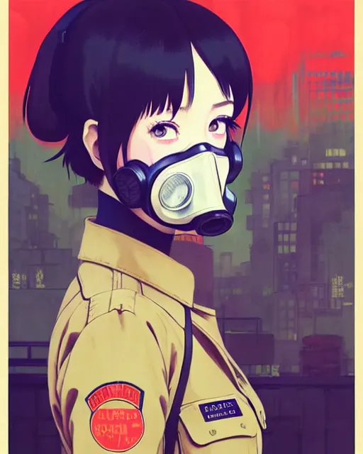 Prompt: girl wearing gas mask and uniform | | audrey plaza, fine detail!! anime!! realistic shaded lighting!! poster by ilya kuvshinov katsuhiro otomo ghost - in - the - shell, magali villeneuve, artgerm, jeremy lipkin and michael garmash and rob rey