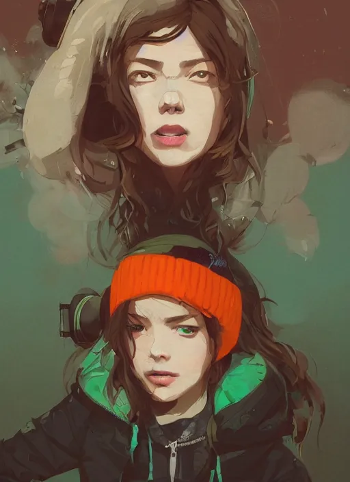 Image similar to highly detailed portrait of a cloudpunk young seattle lady, tartan hoody, by atey ghailan, by greg rutkowski, by greg tocchini, by james gilleard, by joe fenton, by kaethe butcher, gradient green, brown, blonde crea, orange, brown and white color scheme, grunge aesthetic!!! ( ( graffiti tag wall background ) )