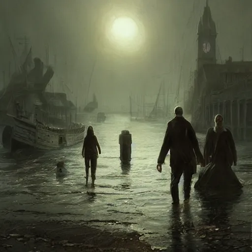 Image similar to shadow over innsmouth, people walking out of the water, painted by seb mckinnon, high detail, dramatic light, digital art, painted by greg rutkowski, promotional movie posterart, trending on artstation