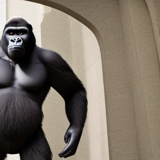 Image similar to big gorilla man terroizing church, 8k cinematic lighting, very sharp detail, anatomically correct