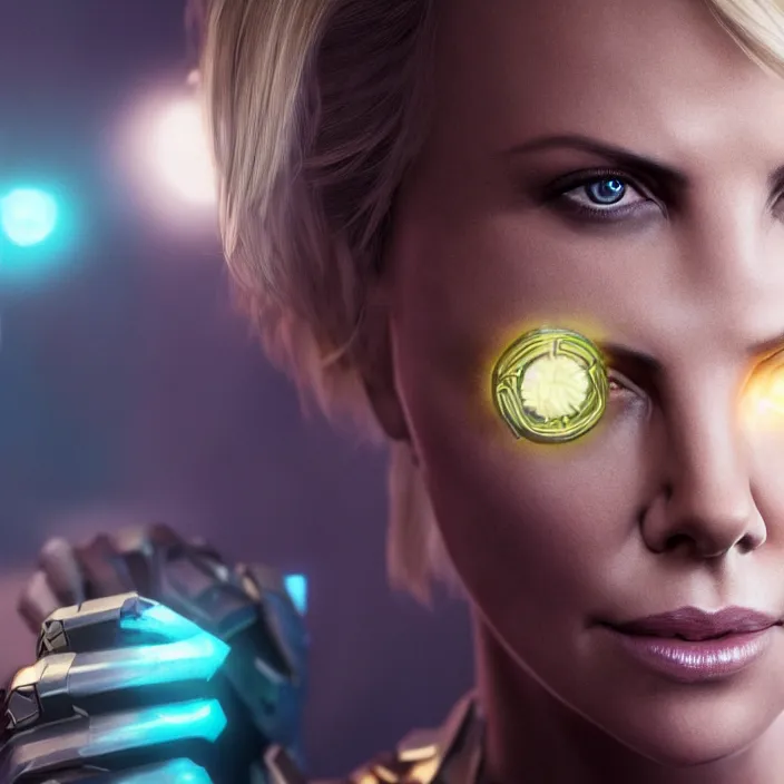 Prompt: portrait of (Charlize Theron), wearing The Infinity Gauntlet!! intricate artwork. octane render, trending on artstation, very coherent symmetrical artwork. thanos. cinematic, hyper realism, high detail, octane render, 8k, iridescent accents