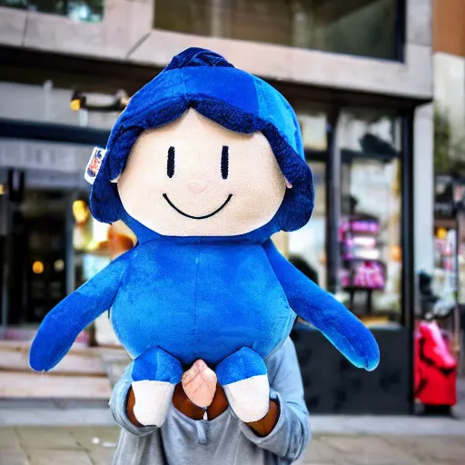 Image similar to blue'snappy gifts'human - sized plush doll, on sidewalk, holding gift, happy atmosphere, high detail, soft lighting, 8 k