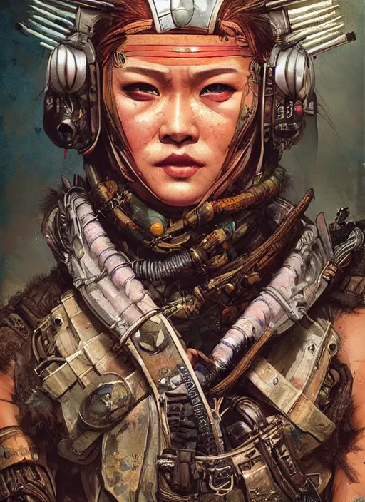 Prompt: hyper realistic photography portrait of postapocalyptic cyberpunk asian cyborg tribal warrior amazon cinematic, brom, mucha, moebius juan gimenez coachella cgsociety