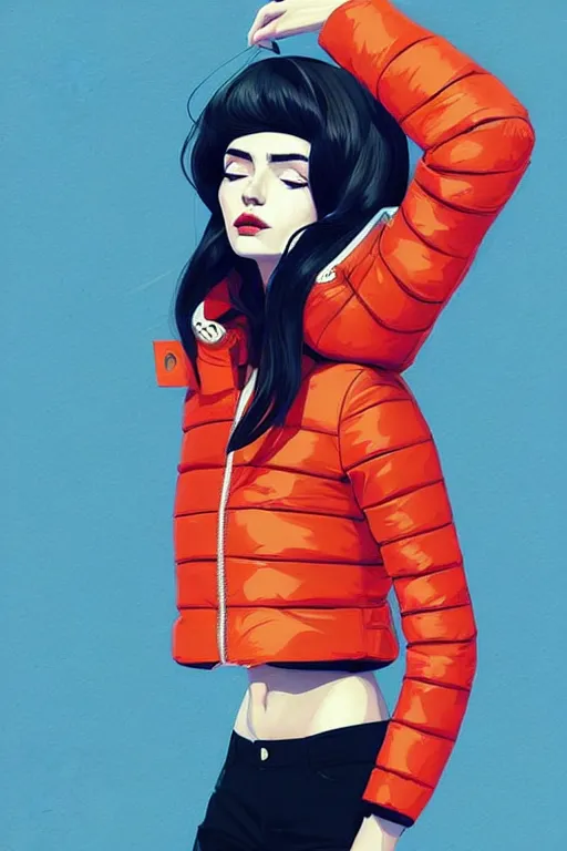 Image similar to a ultradetailed beautiful painting of a stylish woman wearing a puffer jacket, by conrad roset, greg rutkowsk and ilya kuvshinov trending on artstation