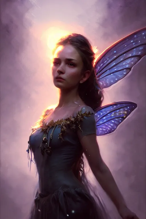 Image similar to cinematic shot of an epic portrait of a fairy dressed in military clothes, shiny skin, beautiful eyes, beautiful, small details, night setting, realistic poster with volumetric light from craig mallism, artgerm, jeremy lipkin and michael garmash, unreal engine, radiant light, detailed and complex environment, digital art, trends at art station, a masterpiece