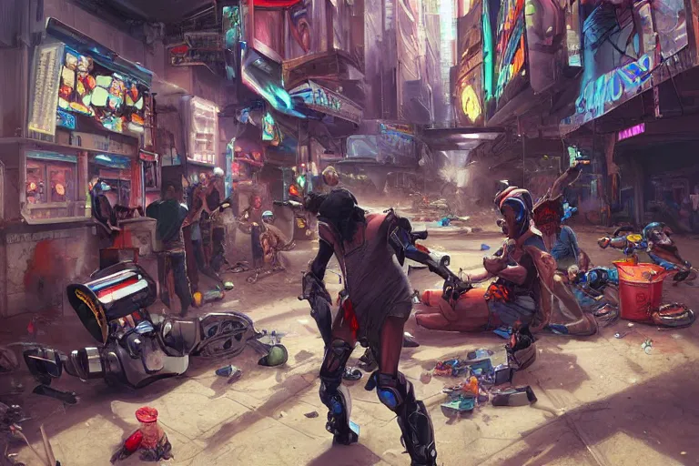 Prompt: hobos betting on robot fights in a cyberpunk ghetto, by artgerm and wlop