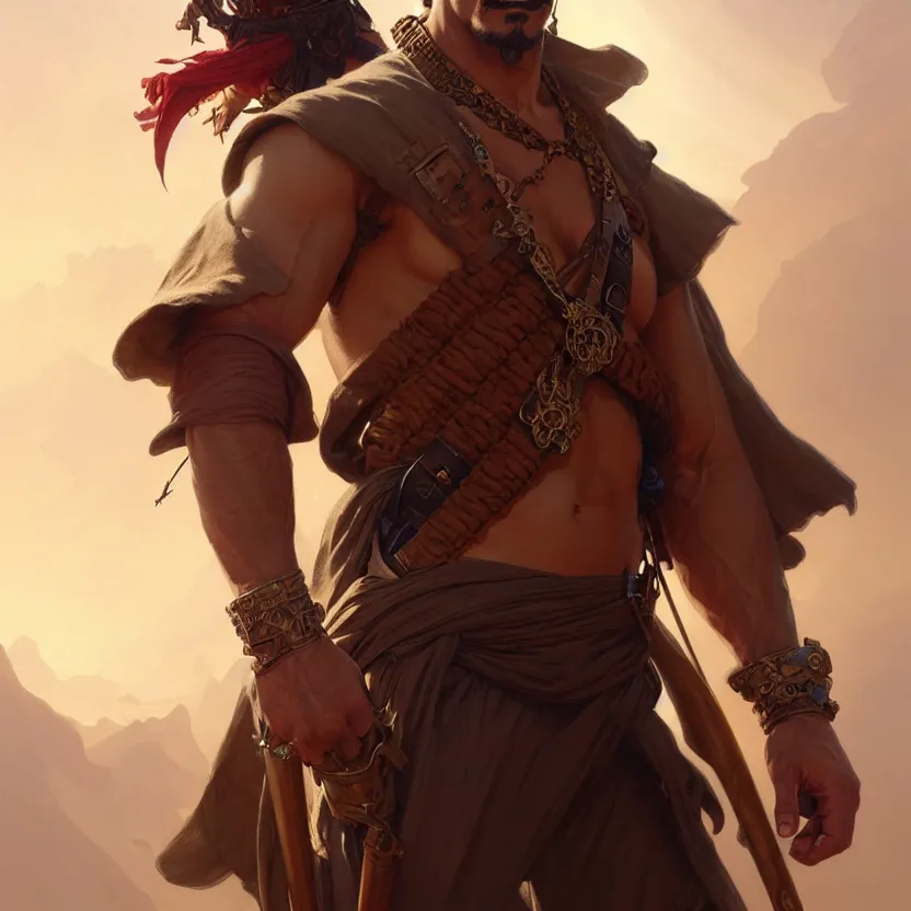 Image similar to , male pirate captain of the desert, muscular upper body, D&D, fantasy, intricate, elegant, highly detailed, digital painting, artstation, concept art, smooth, sharp focus, illustration, art by artgerm and greg rutkowski and alphonse mucha