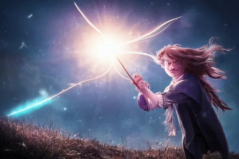 Prompt: a young adult wizard with very detailed face, hair clothes and shoes points their wand fiercely from which a blast of bright magic flies from the end of the wand, on an empty moonlit hill, dramatic lighting, lens flare, cinematic photography