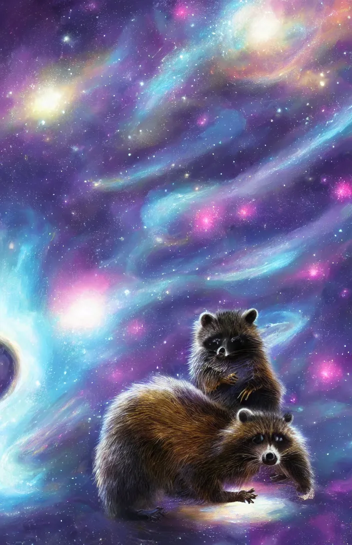 Image similar to A digital concept art painting a space cosmic racoon in the stars, space art concept