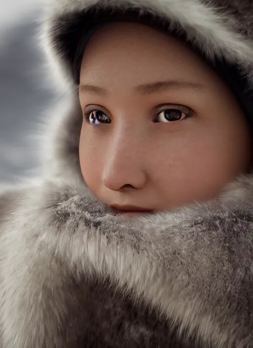 Image similar to closeup portrait of an eskimo girl, depth of field, zeiss lens, detailed, symmetrical, centered, fashion photoshoot, by Annie Leibovitz and Steve McCurry, David Lazar, Jimmy Nelsson, Breathtaking, 8k resolution, extremely detailed, beautiful, establishing shot, artistic, hyperrealistic, beautiful face, octane render