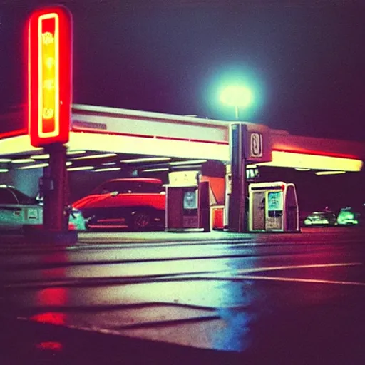 “gas station photography, neon, heavy rain, cars, | Stable Diffusion ...