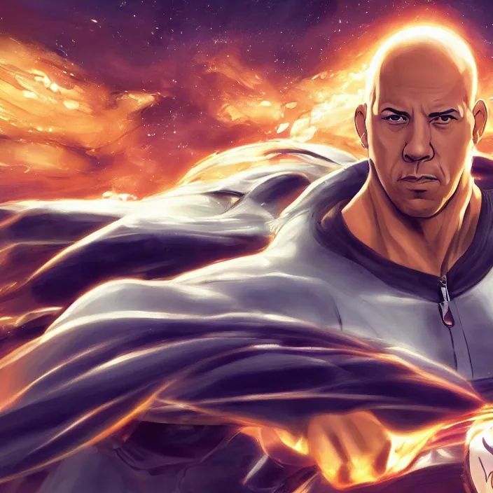 Image similar to landscape, long shot of far, distant vin diesel as saitama! punching!!! a car!!!!!! into space, hyperrealism, trending on artstation