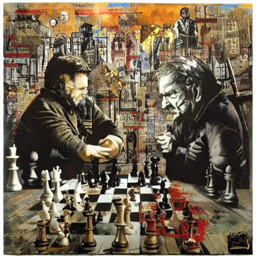 Image similar to chess alegory of rich against poor, marxism, by karol bak, banksy, simon bisley, guy denning, mimmo rotella, ravi zupa