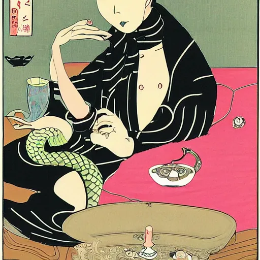 Image similar to Japanese beauty wrapped in a snake having tea with her husband by Toshio Saeki, high detailed