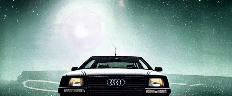Image similar to Audi 80 B3 Avant (1988) floating in the void, a horror sci-fi, dramatic lighting, cinematic, off-world, space, zero gravity, eldritch horror creatures floating through space, lack of ground, dark, establishing shot, extremely high detail, photorealistic, cinematic lighting, artstation, by simon stalenhag
