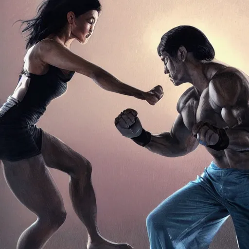 Prompt: an action photo of a black haired woman in a black tank top fighting a man, rocky movie, muscular upper body, abs, d & d, fantasy, intricate, elegant, highly detailed, digital painting, artstation, concept art, smooth, sharp focus, illustration, art by artgerm and greg rutkowski and alphonse mucha