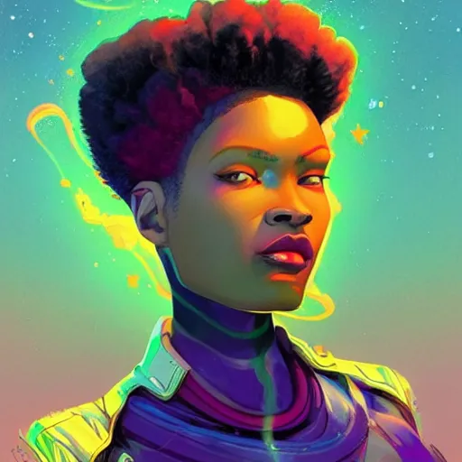 Prompt: afrofuturism spacepunk woman with a cute - fine - face, pretty face, oil slick hair, realistic shaded perfect face, extremely fine details, by realistic shaded lighting, dynamic background, poster by ilya kuvshinov katsuhiro otomo, magali villeneuve, artgerm, jeremy lipkin and michael garmash and rob rey, and silvain sarrailh