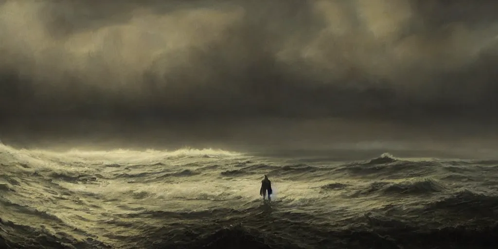 Image similar to cthulhu rising out of the ocean, hyper realistic oil painting, dark, moody cinematic lighting, creepy, fog, storm clouds, by greg rutkowski, trending on artstation