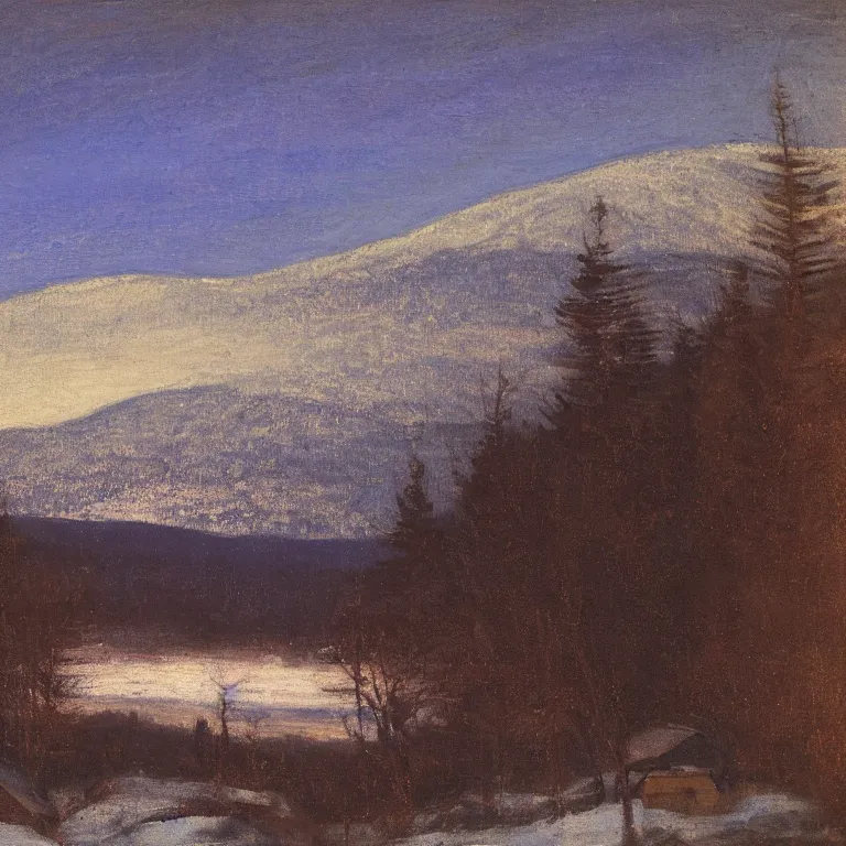 Prompt: new hampshire, mountains, winter, night, luminous, admiral blue palette, abbott handerson thayer, glaze oil painting