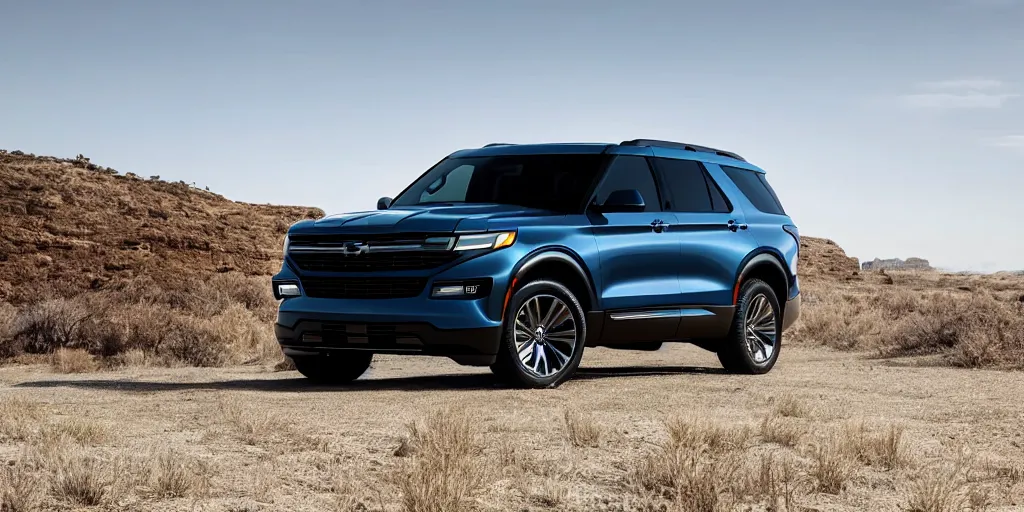 Prompt: A photo of an SUV inspired by a 2022 Ford Explorer and 2022 Chevrolet Tahoe, high angle