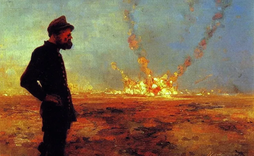 Image similar to high quality high detail painting by ilya repin man standing in front of huge explosion hd