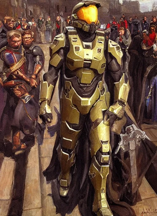 Prompt: halo master chief in a medieval royal procession by alexander averin