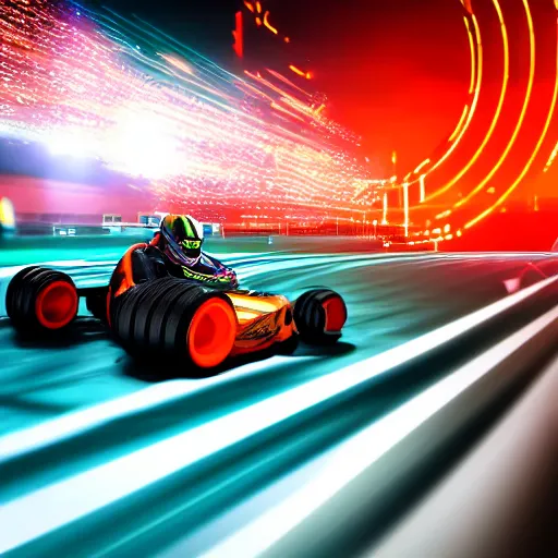 Image similar to go - kart racer taking a corner at speed on a race track, motion blur, laser, smoke, debris, fast movement, artistic angle, light streaks, dark mood, night time, octane render, intricate detail, teal and orange colour palette