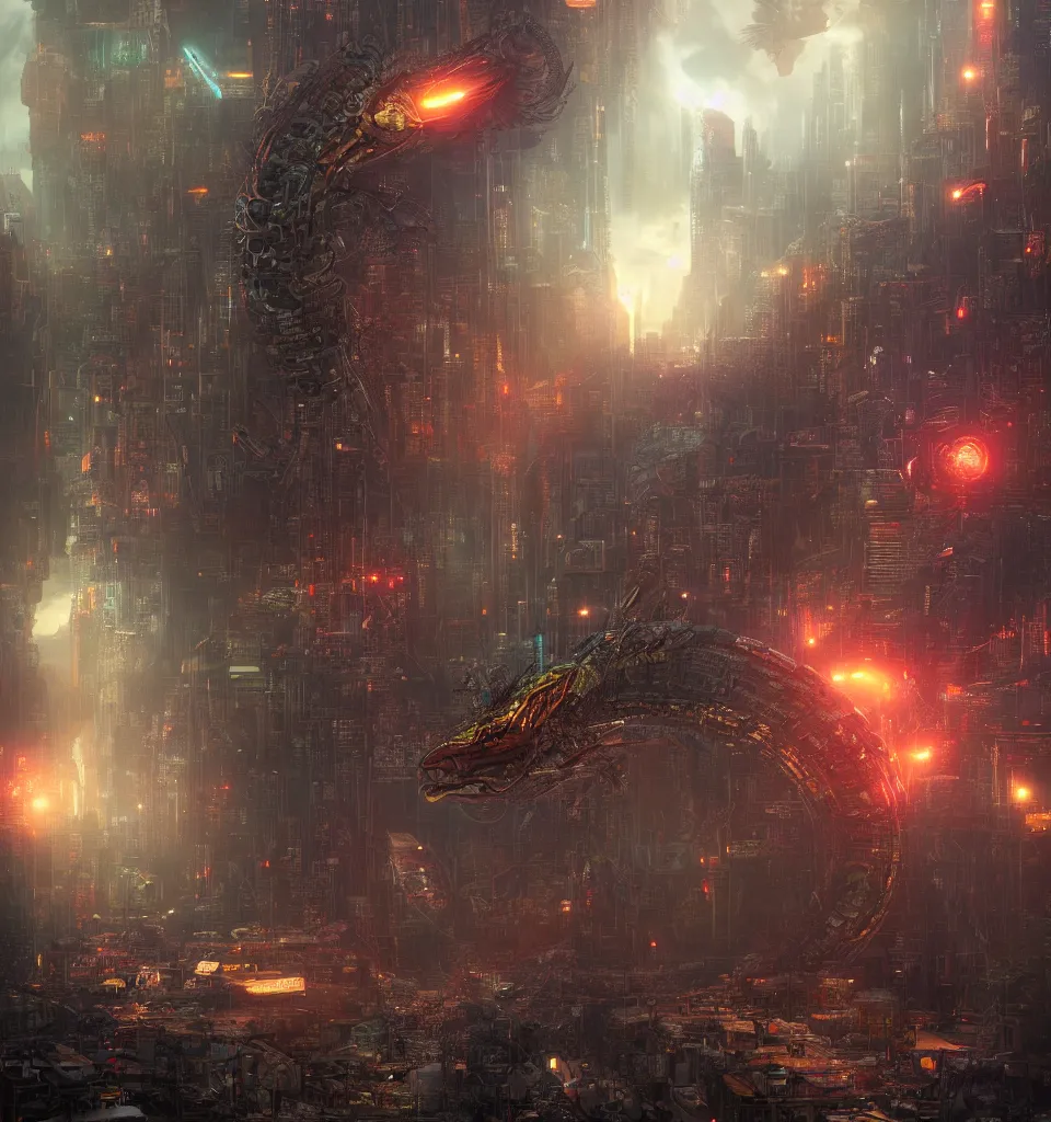 Image similar to large cyberpunk Quetzalcoatl  the feathered serpent deity, cinematic, highly detailed, octane render, cg, rich cinematic atmosphere, perfect digital art, mystical journey in strange world, robotic, circuits, Mystical, cyberpunk, sci-fi, surreal, glowing lights, sharp focus, high detailed, by Greg Rutkowski, Gary Houston, Stephan Martiniere