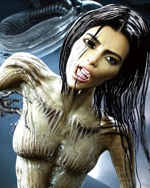 Prompt: movie still of kim kardashian being mouth fed by an xenomorph slathered in a transparent alien liquid, wet flowing hair, gooey skin, illustration, unreal engine 5, 8 k, directed by h. r. giger.