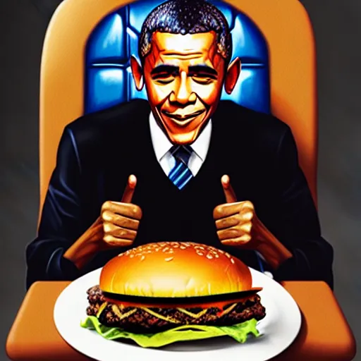 Image similar to barrack obama eating a cheese burger sitting on the iron throne, highly detailed, perfect lighting, perfect composition, 8 k, artgerm, derek zabrocki, greg rutkowski