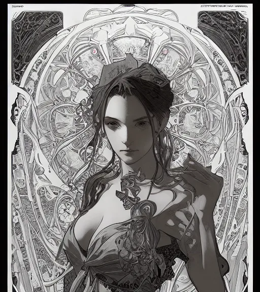 Prompt: alphonse mucha painting of anime woman, pen and ink, intricate line drawings, by craig mullins, ruan jia, kentaro miura, greg rutkowski, loundraw