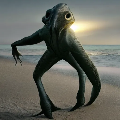 Prompt: stunning cinematic wide shot of a beautiful slick sleek smooth humanoid sea monster wearing clothes made of seaweed on a white sand beach, hands grasping large fulgurites. well designed perfect with slick led eyes, sharp claws, cgsociety, hd octane render, fantasy, furry art, artstation, deviantart, furaffinity, very very clean