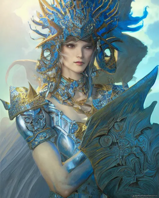 Image similar to Portrait of a Fantasy azure knight, moonlit, HD, illustration, epic, D&D, fantasy, intricate, elegant, highly detailed, digital painting, artstation, concept art, smooth, sharp focus, illustration, art by artgerm and greg rutkowski and alphonse mucha, monster hunter illustrations art book