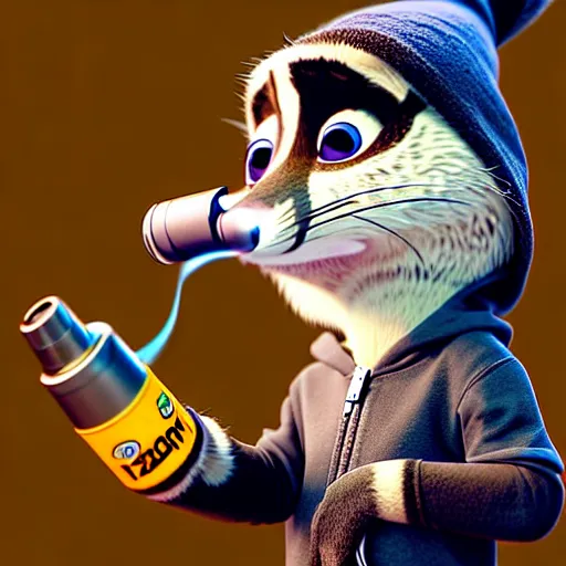 Image similar to a very relaxed stoner with a black hoodie on with a raccoon head from zootopia, wearing beanie, holding a small vape, blowing out smoke, 3 d render, extremely detailed fur, wearing a marijuana t - shirt