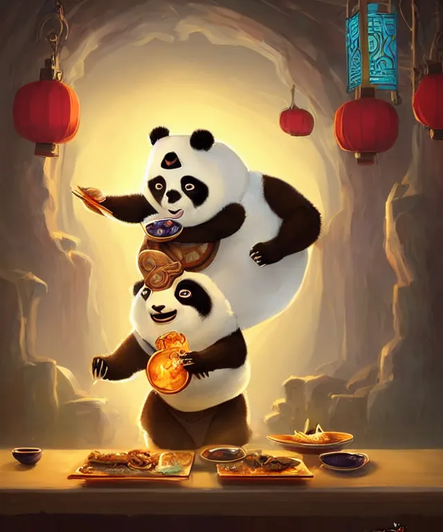 Prompt: a portrait an anthropomorphic panda mage eating chinese food, wearing mage robes, restaurant in background, cute and adorable, dnd character art portrait, well rendered matte fantasy painting, pixar style, by jason felix by steve argyle by tyler jacobson by peter mohrbacher, cinematic lighting