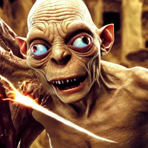 Image similar to Gollum fights volandemort , action , in motion , wizard , magic