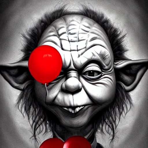 Prompt: surrealism grunge cartoon portrait sketch of yoda with a wide smile and a red balloon by - michael karcz, loony toons style, pennywise style, horror theme, detailed, elegant, intricate