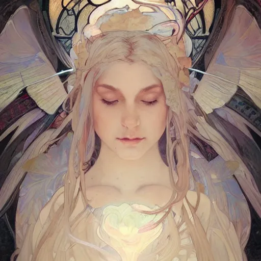Prompt: a beautiful painting of a beautiful angel by ross tran!! and alphonse mucha and greg rutkowski! and gustav dore! and artgerm!!, in style of digital art illustration. symmetry. highly detailed face. fantasy, smooth, hyper detailed, sharp focus, soft light. trending on artstation. 4 k