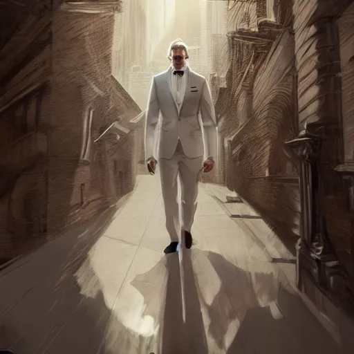 Image similar to a white wolf wearing a suit , dramatic lighting, cinematic, establishing shot, extremly high detail, photorealistic, cinematic lighting, artstation, style by James Gurney,