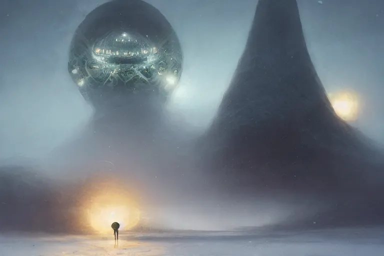 Prompt: jakub rosalski a magical animation from a video game of a giant circular spaceship shaped like a coin hovering over a foggy snow-covered landscape, by greg rutkowski and frank frazetta and peter mohrbacher and william blake and dan mumford, volumetric lighting, cinematic lighting, insanely detailed, intricate, artstation, cgsociety, painted by Simon Stalenhag, concept art, illustration, sharp focus