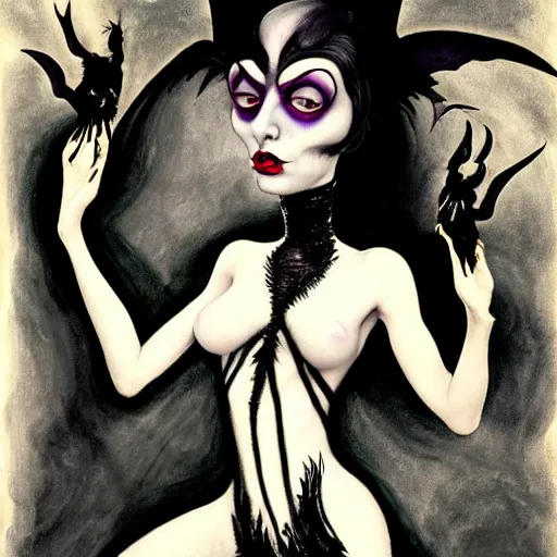 Image similar to goth woman as mysterious supervillain and and black veil and modestly clothed victorian goth, black feathers instead of hair, black wings instead of arms, gray mottled skin, black feathers growing out of skin, transforming, by tim burton and brian froud, german expressionist, paintbrush, rough paper, fine,