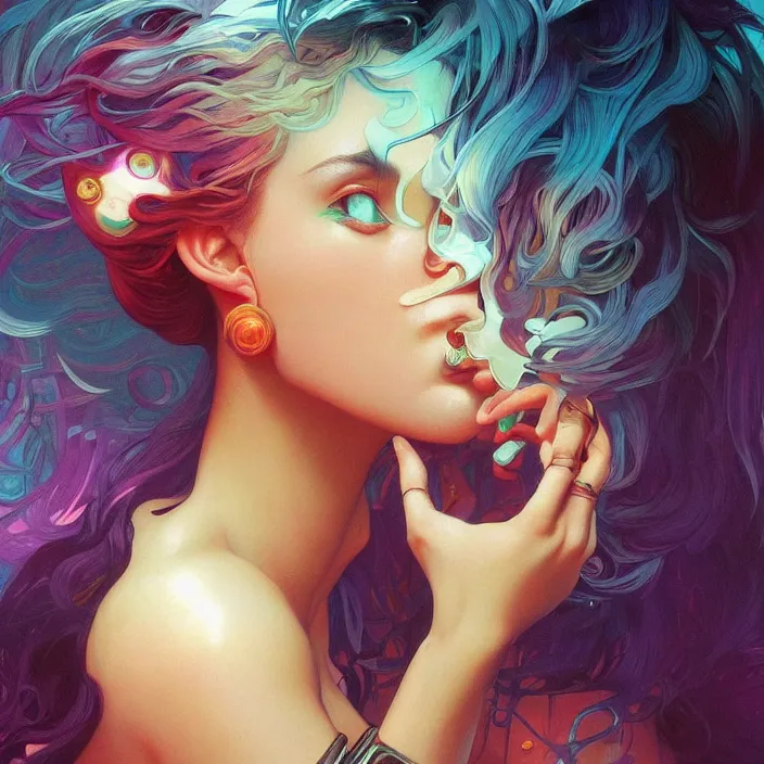 Prompt: young woman, gorgeous face, vaporwave aesthetic, synthwave, colorful, psychedelic, broken beaten, sadness, crying, inner strength, holding onto, artstation, concept art, smooth, extremely sharp detail, finely tuned detail, 8 k, ultra sharp focus, illustration, art by artgerm and greg rutkowski and alphonse mucha