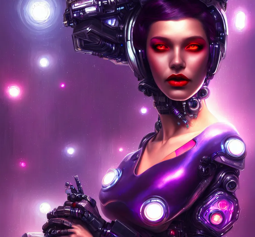 Image similar to cyber female with purple mechanic eyes and red lips and metallic skin, face, sci - fi, metal, constellation cyberpunk city on background, breathtaking stars, elegant, highly detailed, digital painting, artstation, concept art, smooth, sharp focus, spiritual art, art by artgerm and greg rutkowski and alphonse mucha, psychedelic, illustration,