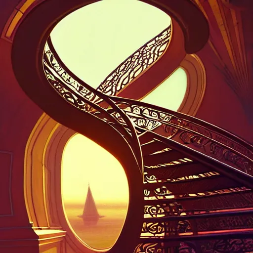 Image similar to big spiral stairways on old ship, inhabited on many levels, flying birds, shining light, strong perspective, clear geometry, architecture, glowing halo, fantasy, intricate, elegant, highly detailed, digital painting, artstation, concept art, smooth, sharp focus, art by anthony macbain + greg rutkowski + alphonse mucha, concept art, 4k, sharp focus, cinematic unreal engine